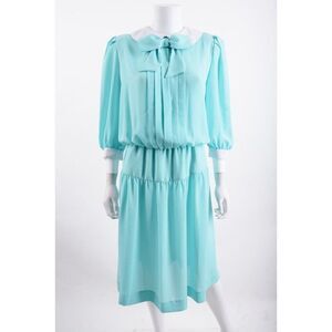 Vintage 60s Lady Carol Petites Womens Blouson Dress Sz 12 Blue Secretary Bow